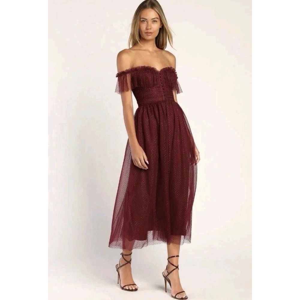 Lulus Regal Radiance Burgundy Tulle Bustier Off The Shoulder Midi Dress Medium